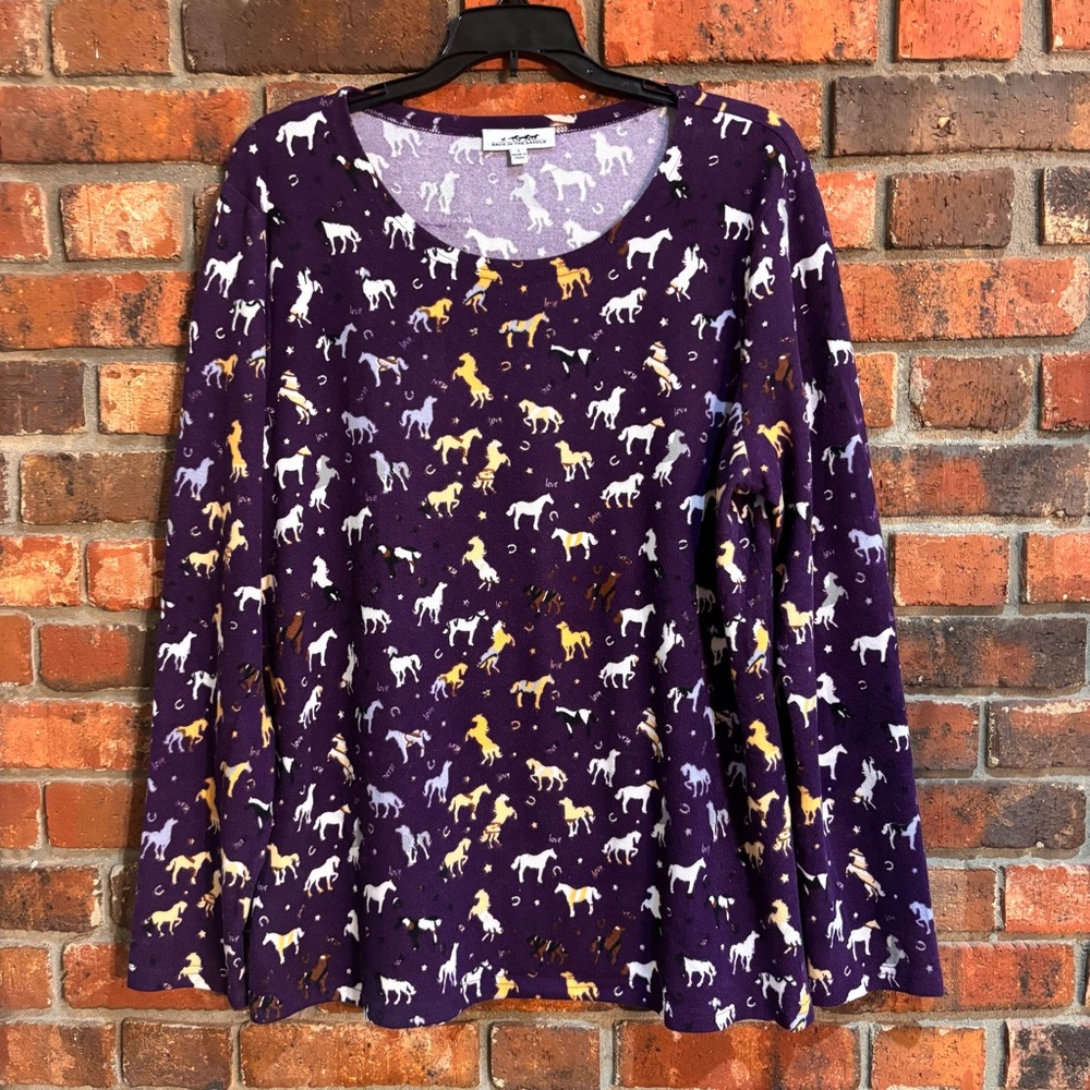 Back In The Saddle womens horse print equestrian top purple L